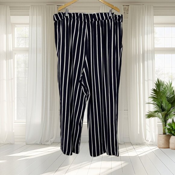 H&M Navy Blue White Striped Paperbag Waist Pants with Belt – Plus Size 22 - Picture 2 of 10